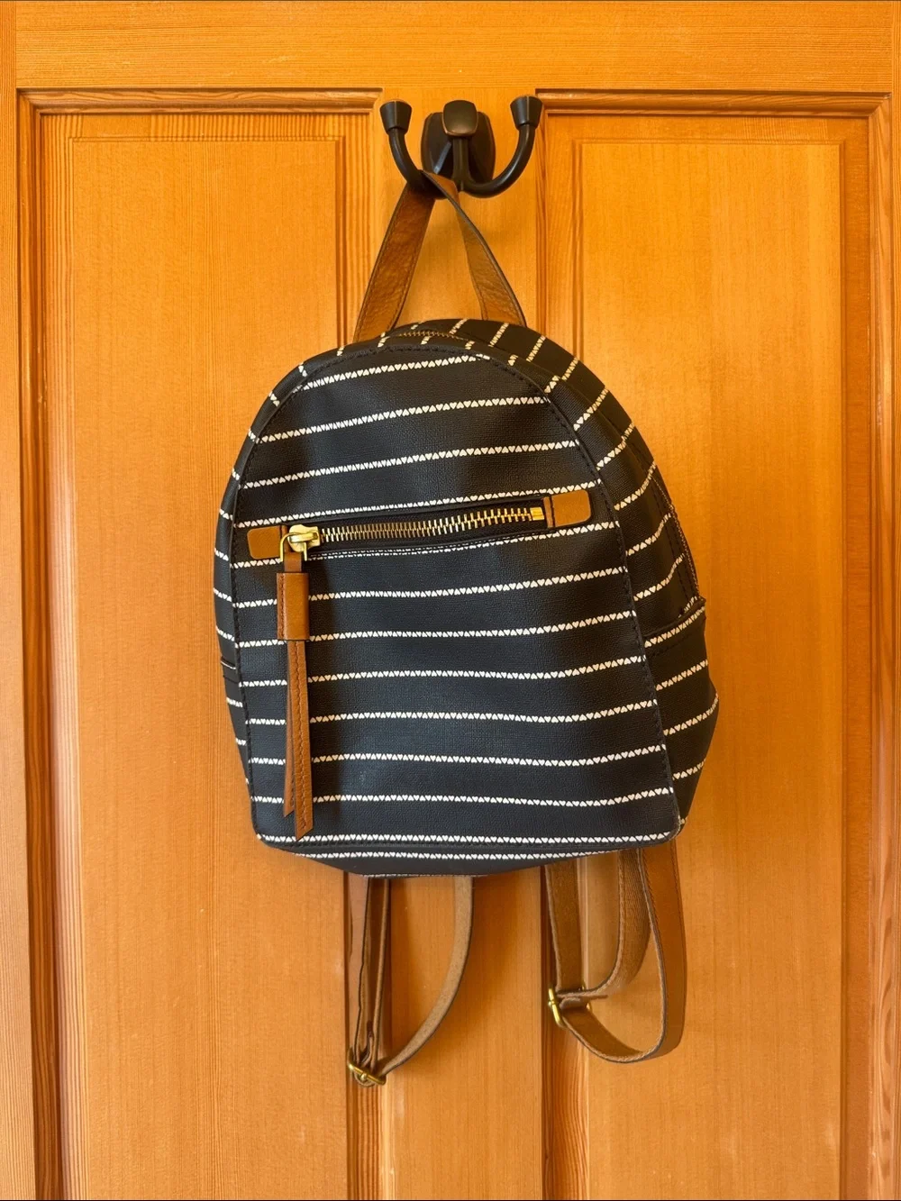 Fossil Black Striped Mini Backpack with Brown Accents